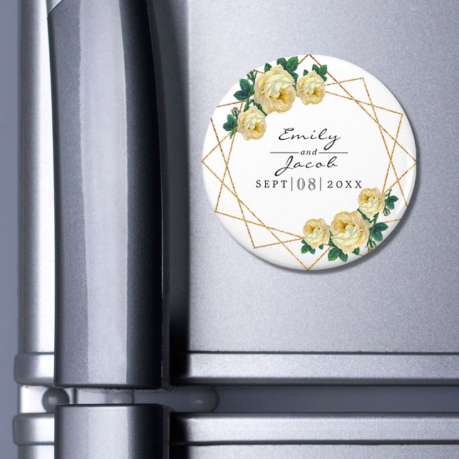 Íman Glitter Dourado Elegante Amarelo de Wed Floral Geo (Criador carregado)