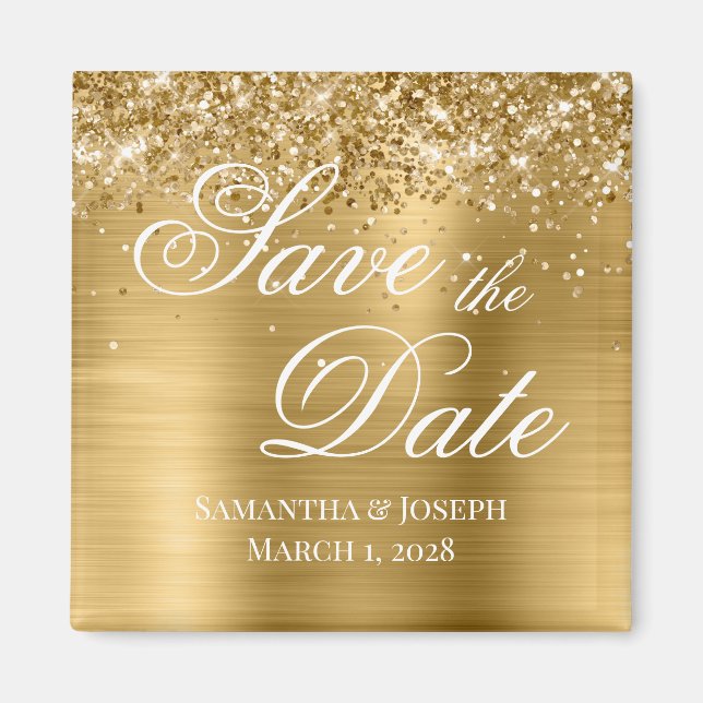 Íman Glittery Dourado Save the Date (Frente)