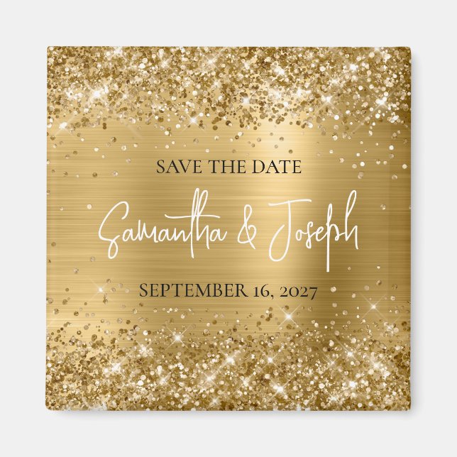 Íman Glittery Gold Foil Casamento Save the Date (Frente)