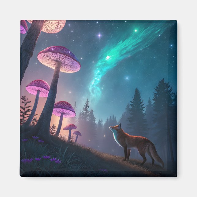 Íman Glowing Mushroom Forest Fox Fantasy Art (Frente)