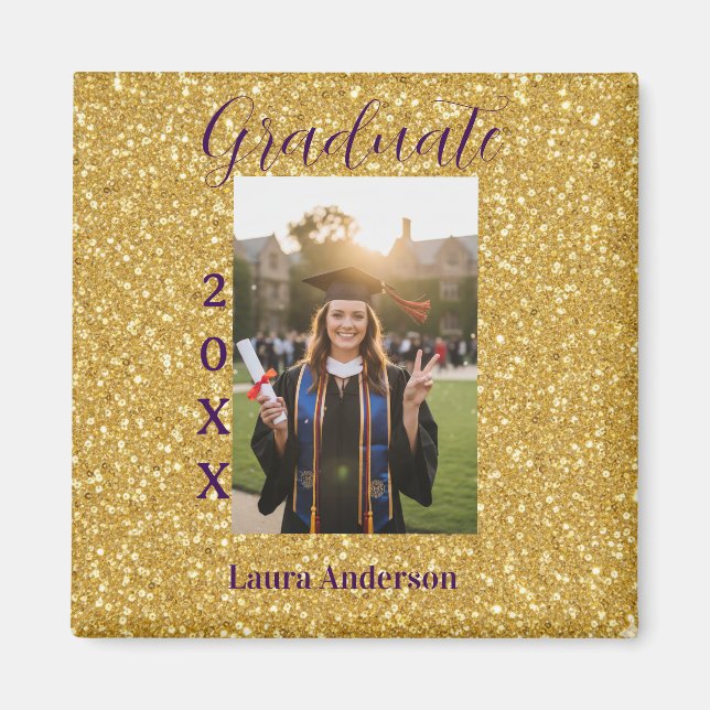 Íman Gold glitter photo graduation add name class text (Frente)