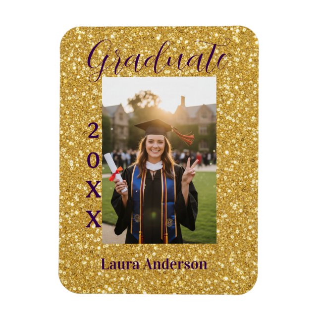 Íman Gold glitter photo graduation add name class text (Vertical)