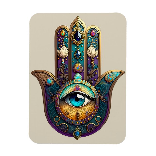 Íman Gold Violet Teal Hamsa w/ Turquoise Third Eye (Vertical)