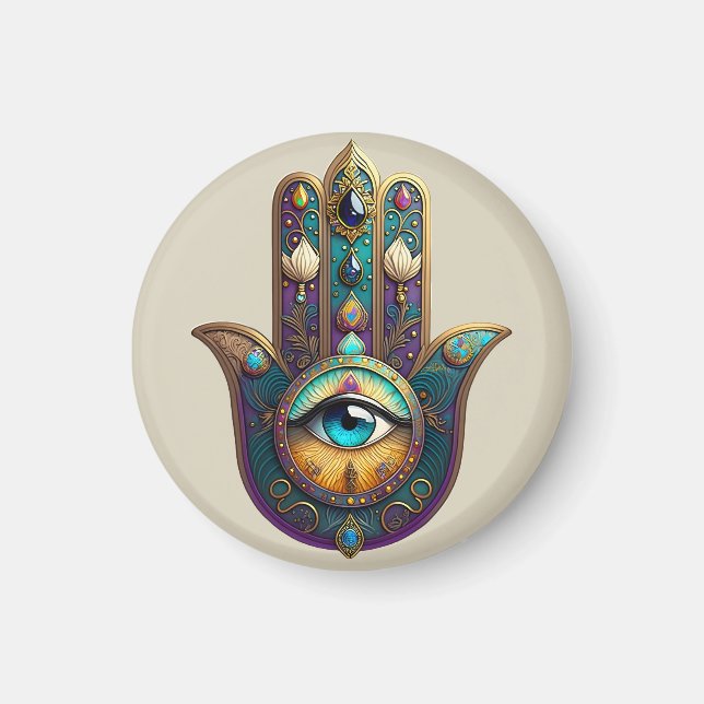 Íman Gold Violet Teal Hamsa w/ Turquoise Third Eye (Frente)