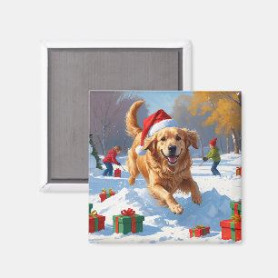 Íman Golden Retriever na Neve com Chapéu de Natal
