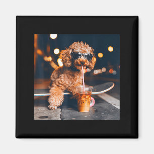 Íman Goldendoodle bebendo café gelado meme de animal en
