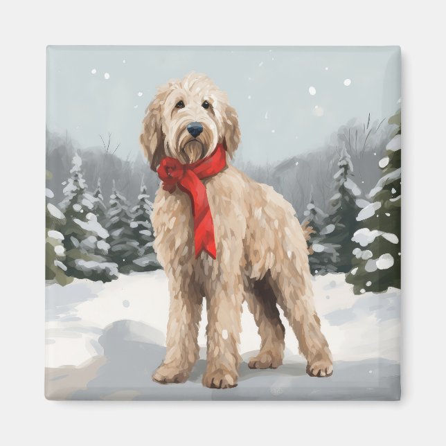 Íman Goldendoodle Cachorro na Neve Natal  (Frente)