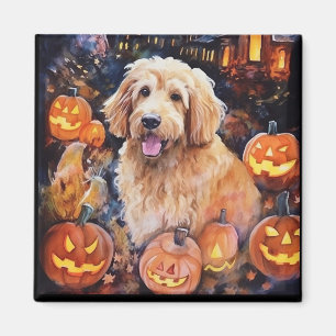 Íman Goldendoodle do Halloween Com Pumpkins Assustado