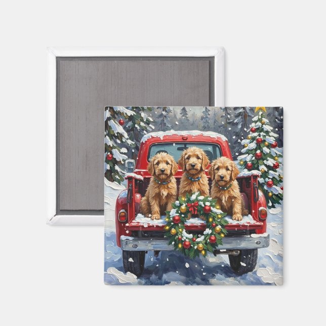 Íman Goldendoodle Natal Caminhão Vermelho Feriado (Front/Back)