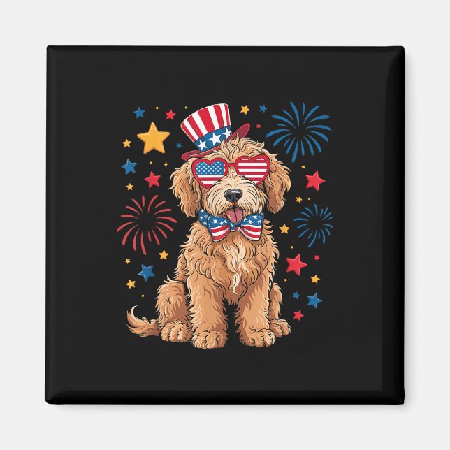 Íman Goldendoodle Patriótico 4 De Julho Doodle Dourado  (Frente)