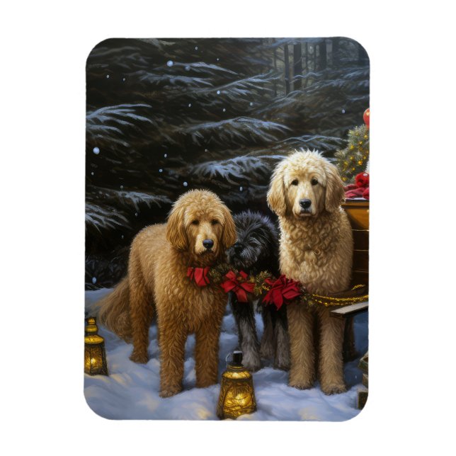 Íman Goldendoodle Snowy Sleigh Decência de Natal (Vertical)