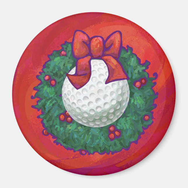 Íman Golf Ball Christmas Wreath on Red (Frente)