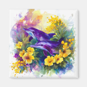 Íman Golfinhos Oceano Aquarela Flores Tropicais