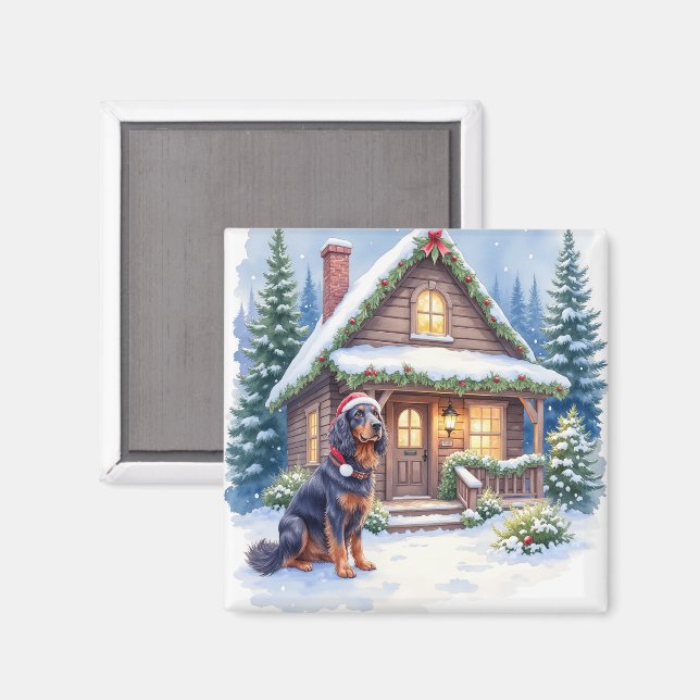 Íman Gordon Setter Snowy Lodge Santa Hat Christmas Art (Front/Back)