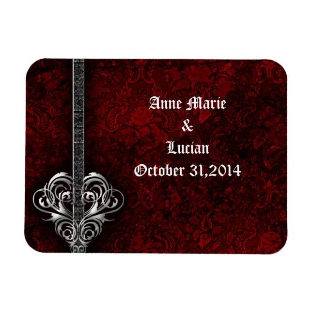 Íman Goth Red Damask Silver Heart save the date (Horizontal)