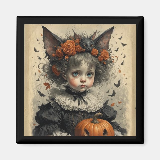 Íman Gothic Victorian Girl Bat Ears & Pumpkin Halloween (Frente)