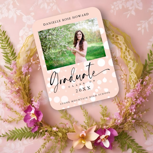 Íman Graduação de Formando de Fotografia Personalizada  (Peach Polka Dot Custom Photo Graduate Graduation Magnet.)