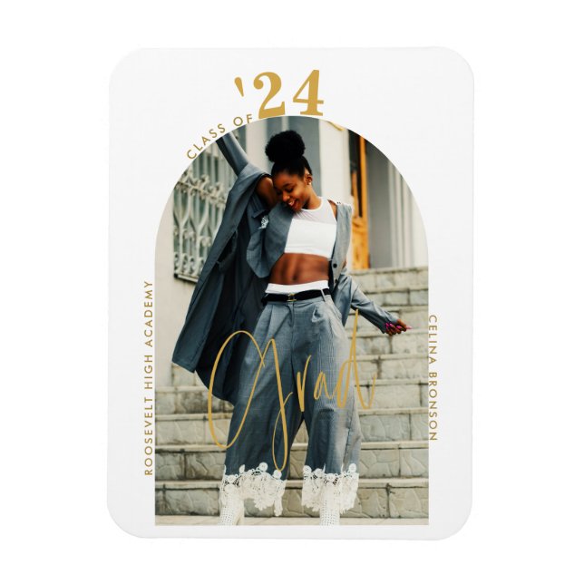 Íman Graduação Mínima da Foto do Script Dourado Moderno (Vertical)