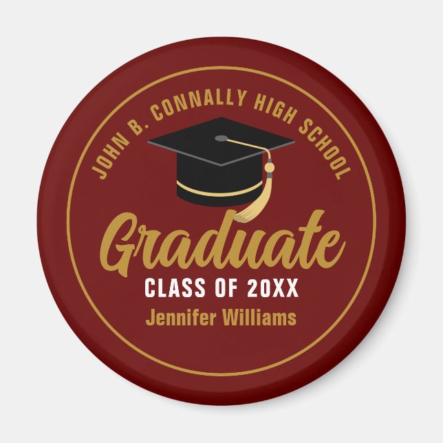 Íman Graduação Personalizada do Formando Dourado Maroon (Frente)