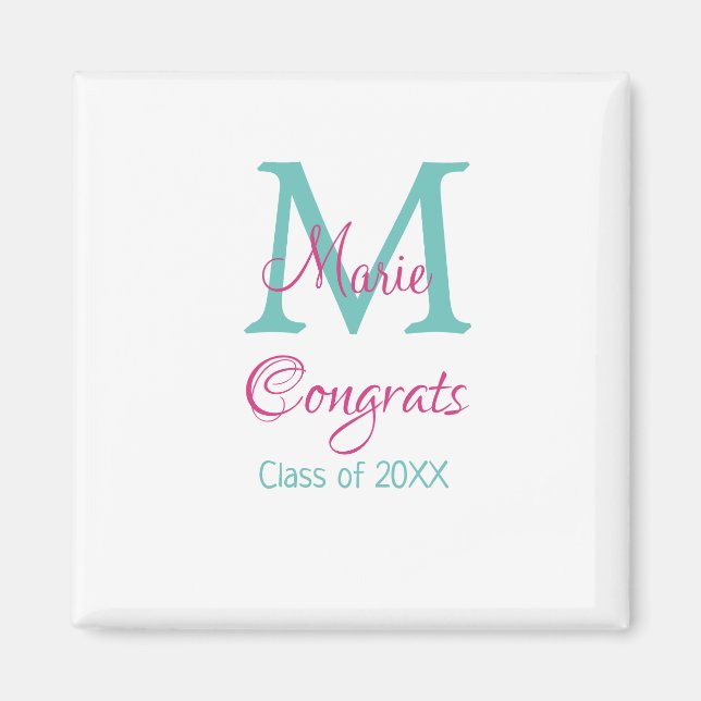 Íman Grava o nome do formando monograma verde rosa azul (Frente)