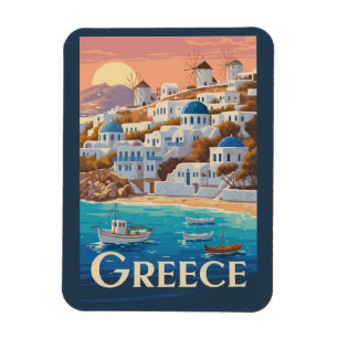 Íman Grécia Mykonos Illustration Viagem Art Vintage
