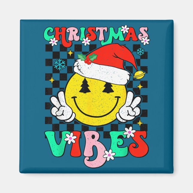 Íman Groovy Christmas Vibes Smile Face Santa Hat Xmas T (Frente)