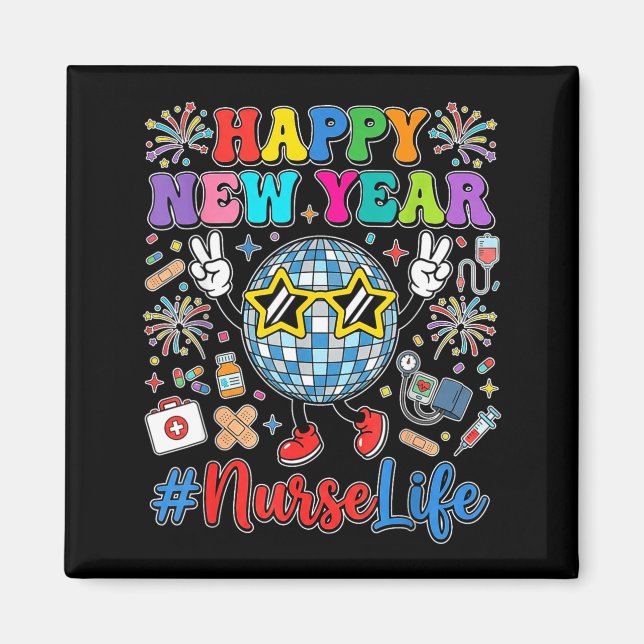 Íman Groovy Happy New Year 2026 Nurse Life Disco Ball F (Frente)