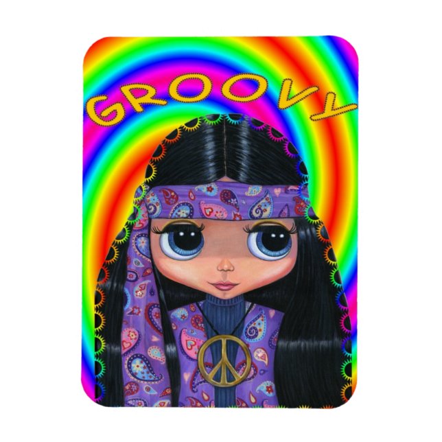 Íman Groovy Hippie Girl Doll Sinal de Paz Bons Olhos Gr (Vertical)