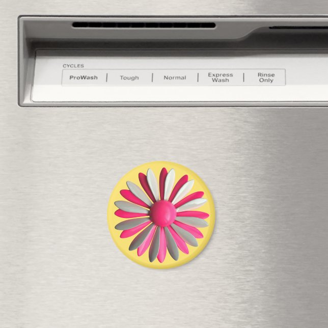 Íman Groovy Pink MOD Hippie Daisy Flower Yellow (In Situ (Dishwasher))