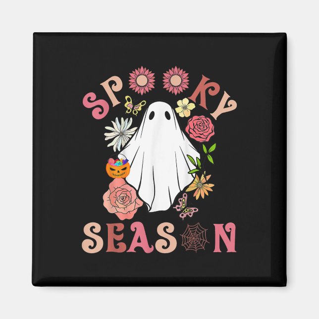 Íman Groovy Spooky Season Cute Ghost Segurando Pumpkin  (Frente)