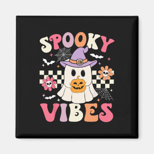 Íman Groovy Spooky Vibes Retro Ghost Segurando Pumpkin