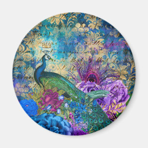 Íman Grunge de Pavão e Flores Ilustrado Antiquado 