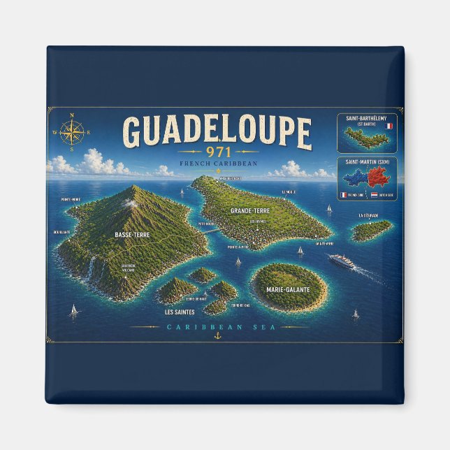 Íman Guadeloupe 971 Vintage Map (Frente)