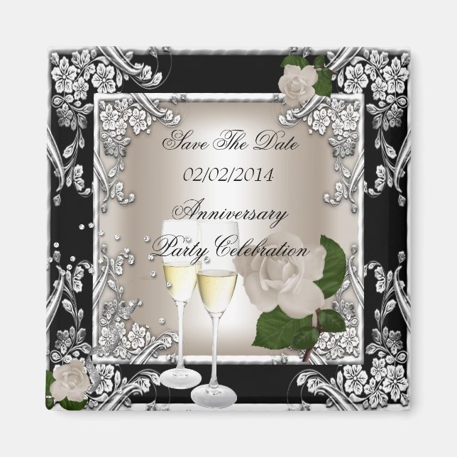 Íman Guardar Data Aniversário Casamento Creme Preto (Frente)