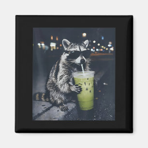 Íman Guaxinim engraçado bebendo latte de matcha gelado