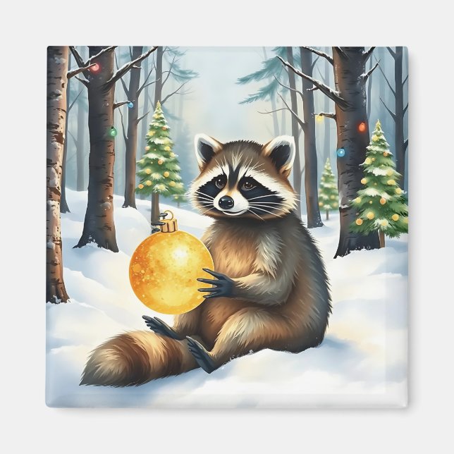 Íman Guaxinim fofo de inverno com ornamento de Natal do (Frente)