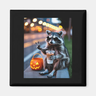 Íman Guaxinim selvagem bebendo café gelado halloween