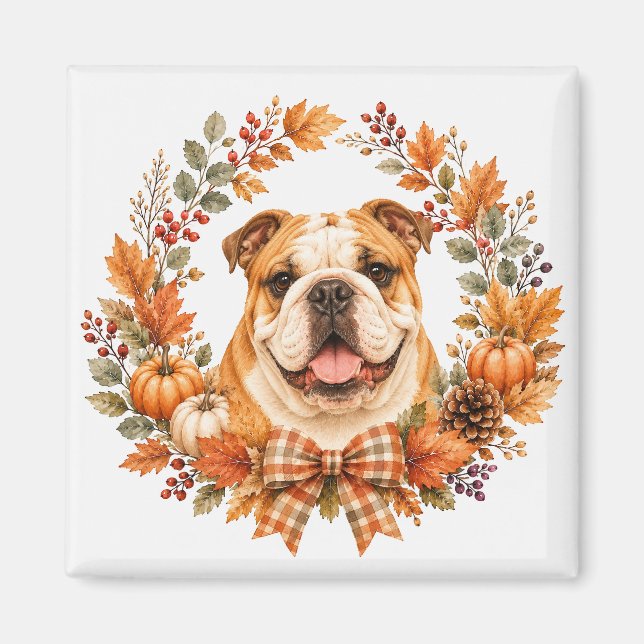 Íman Guirlanda de Outono do Bulldog Inglês (Frente)