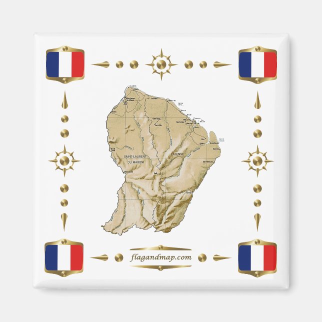 Íman Guyane Map + Flagres Magnet (Frente)