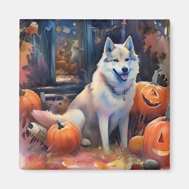 Íman Halloween Alaskan Malamute Com Pumpkins Assustado (Frente)