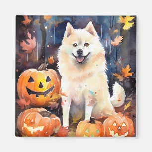 Íman Halloween American Akita Com Pumpkins Assustado