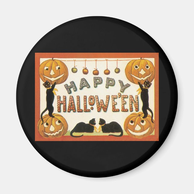 Íman Halloween Antigo, Gatos Pretos com Jackolanterns (Frente)