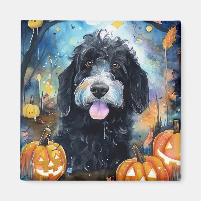 Íman Halloween Bernedoodle Com Pumpkins Assustado (Frente)