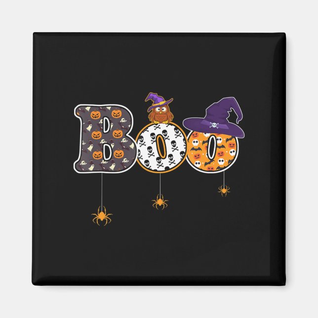 Íman Halloween Boo Owen com bruxaria de chapéu (Frente)