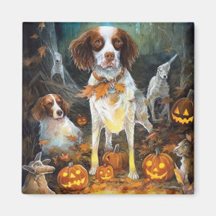 Íman Halloween Brittany Spaniel Com Pumpkins Assustado