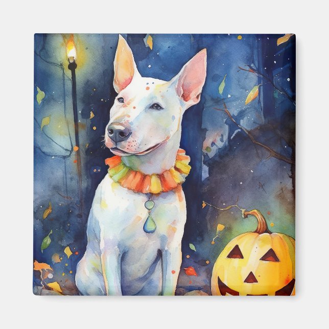 Íman Halloween Bull Terrier Com Pumpkins Assustado (Frente)