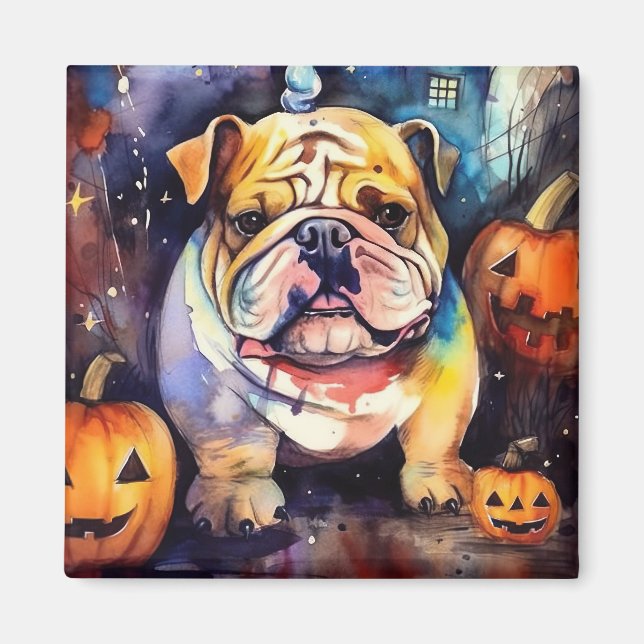 Íman Halloween Bulldog Com Pumpkins Assustado (Frente)