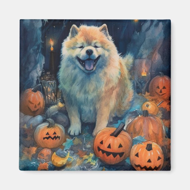 Íman Halloween Chow Chow Com Pumpkins Assustado (Frente)