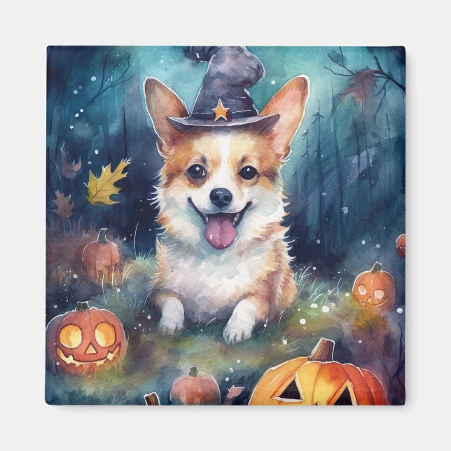 Íman Halloween Corgi Com Pumpkins Assustado (Frente)