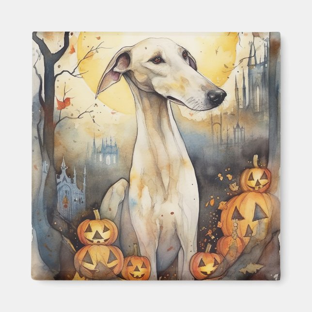 Íman Halloween Greyhound Com Pumpkins Assustado (Frente)